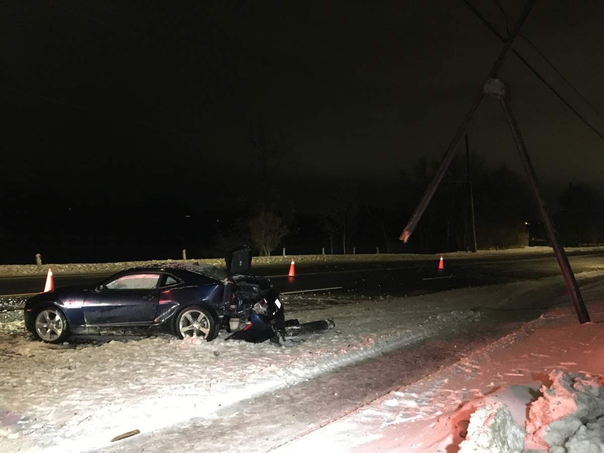 A car crashed into a hydro pole along Water Street in Peterborough on Monday night.