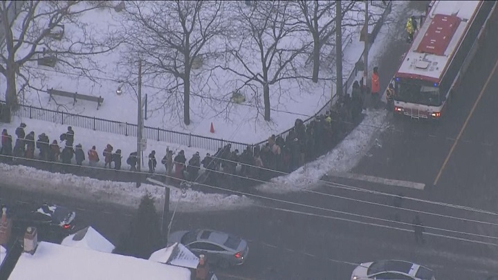 An aerial view of the line up of TTC passengers waiting to get onto shuttle buses.