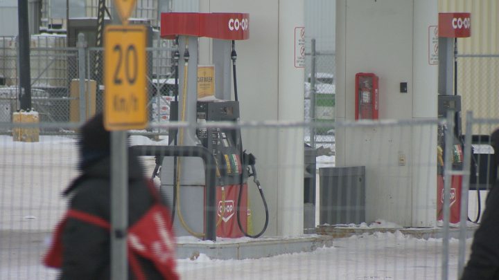 Picketers set up a fence around the Sherwood Co-op Home Centre and Gas Bar in Regina on Jan. 16.