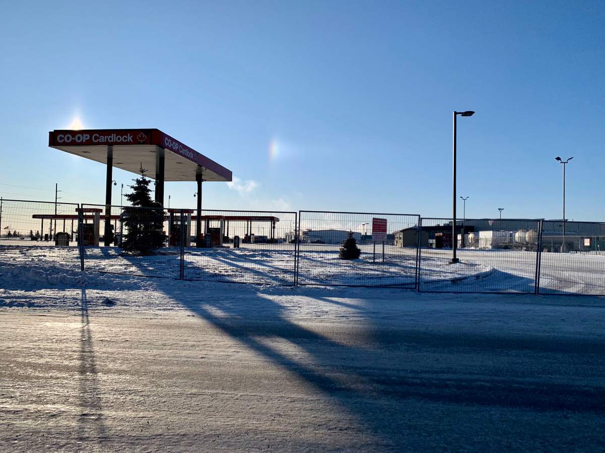 A Co-op Cardlock gas station fenced off by locked out Unifor members on Fleet Street in Regina.