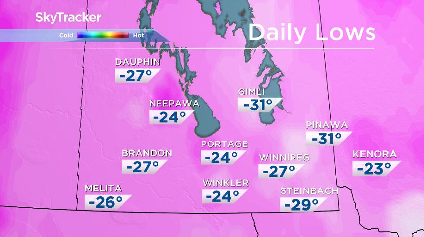 Coldest temperatures registered around southern Manitoba Jan. 20, 2020.