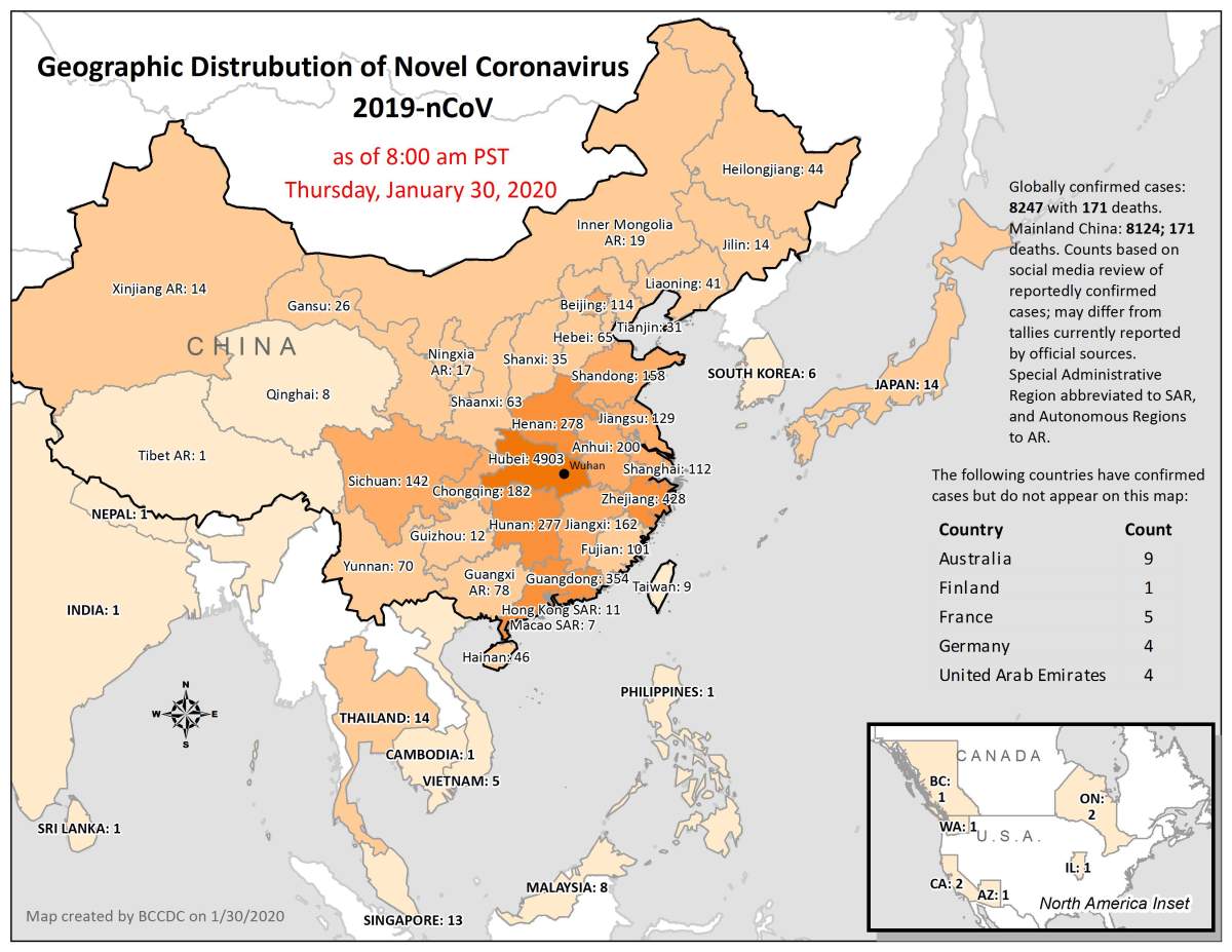 A map of novel coronavirus cases in Asia, as of Thursday, Jan. 30, 2020.