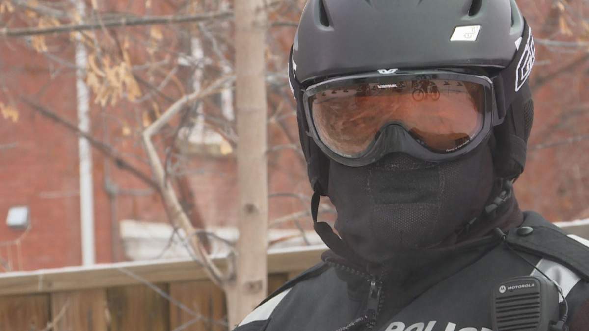 CPS mountain bike officers wear goggles to help cover up as much exposed skin as possible.