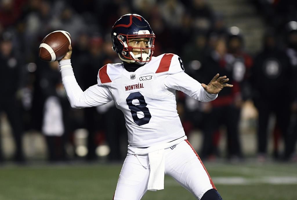Montreal Alouettes quarterback Vernon Adams Jr. (8) throws the ball against the Ottawa Redblacks during first half CFL football action in Ottawa on Friday, Nov. 1, 2019.