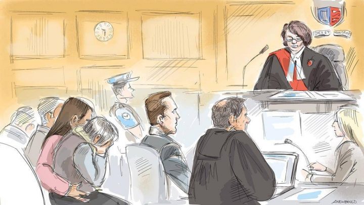 Former Toronto pastor Philip Grandine (centre) is shown in a Toronto courtroom with his lawyer Amit Thakore (right) as Justice Faye McWatt (top) and relatives of victim Anna Grandine (left) look on Tuesday, Jan.7, 2020. Grandine, convicted in the death of his pregnant wife, has been sentenced to 15 years behind bars. 