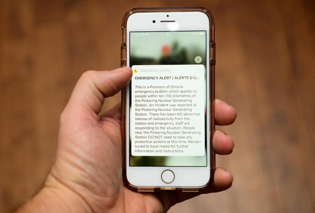 An emergency alert message on an iPhone is pictured in this file photo.