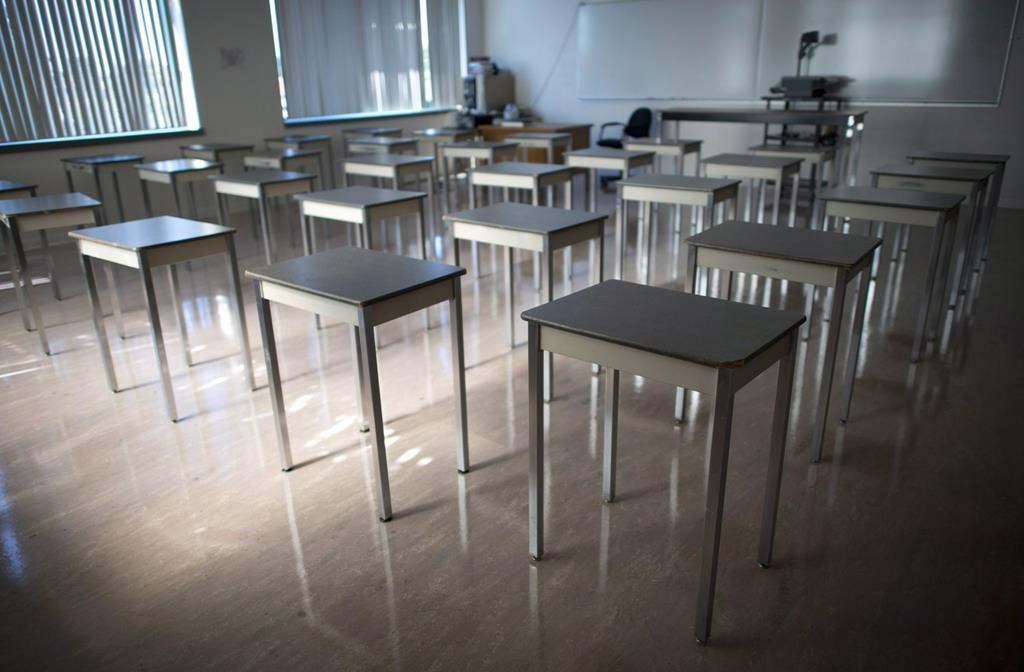 A empty classroom is pictured at McGee Secondary school in Vancouver on September 5, 2014.