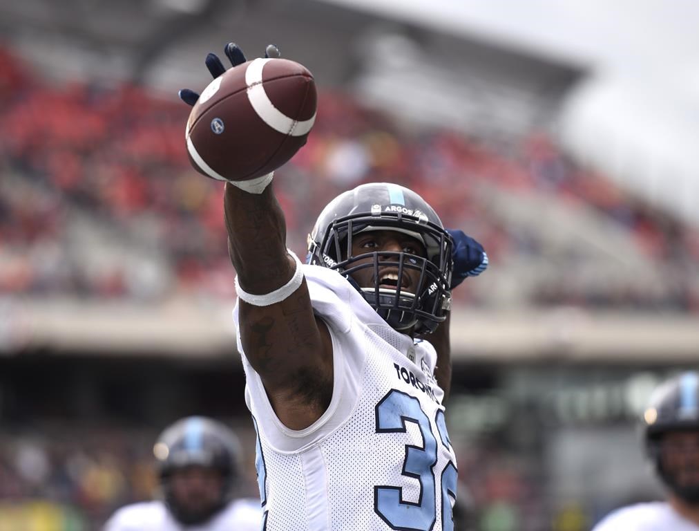 Toronto Argonauts running back James Wilder Jr. (32) celebrates a touchdown against the Ottawa Redblacks during second half CFL football action in Ottawa on Saturday, Sept. 7, 2019.