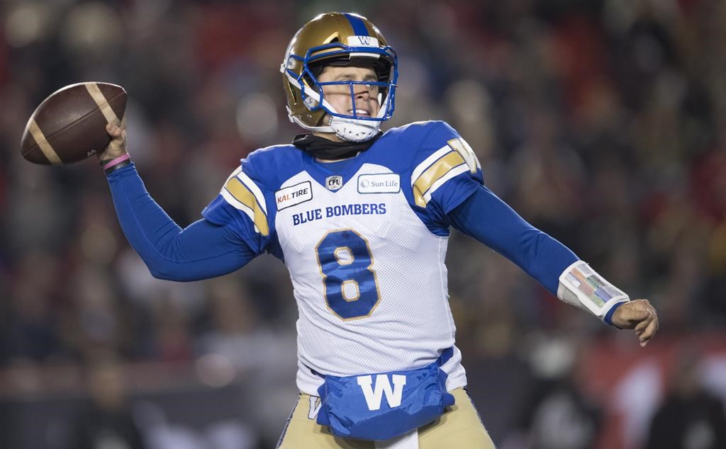 Winnipeg Blue Bombers quarterback Zach Collaros throws the ball during first half football action in the 107th Grey Cup against the Hamilton Tiger-Cats in Calgary, Alta., Sunday, November 24, 2019. The Blue Bombers have agreed to terms with quarterback Collaros on a two-year contract extension. THE CANADIAN PRESS/Nathan Denette.