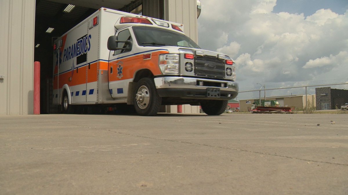 An ambulance leaves the garage at Crestvue Ambulance's headquarters in Yorkton. 