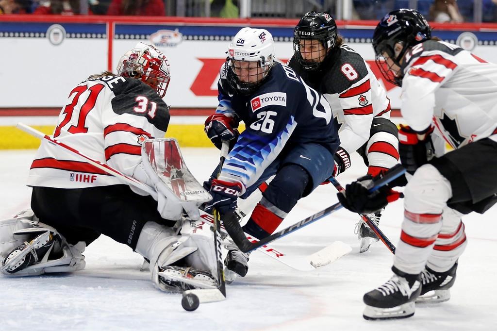 Canada's Genevieve Lacasse (31) blocks a shot by United States' Kendall Coyne Schofield (26) during the third period of a rivalry series women's hockey game in Hartford, Conn., Saturday, Dec. 14, 2019.