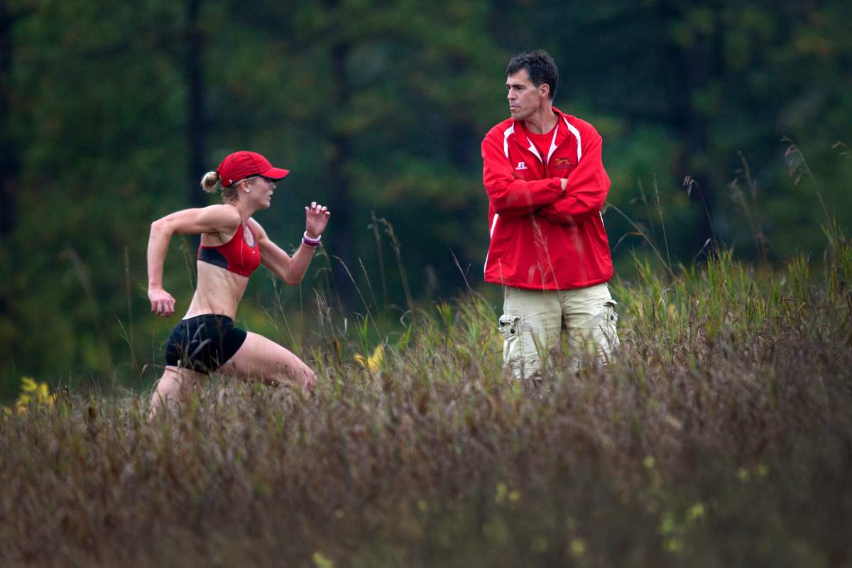 Coach Dave Scott-Thomas keeps an eye on the course as members of Guelph's Speed River track and field club workout Sep. 21, 2011. The club is arguably the best running club in the country, and is home to several elites who are students at the university and also three of Canadians top marathoners.