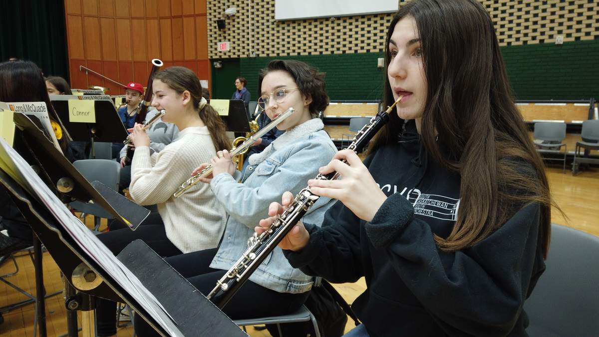 Eva Markatos, right, says she took to the oboe for its unique sound and that fewer students choose to play the woodwind instrument.