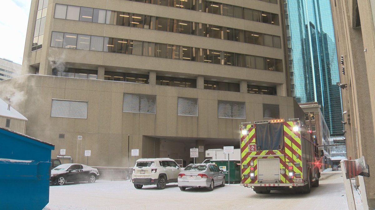 The Phipps-McKinnon Building on 100 Street and 101A Avenue was evacuated Friday, Jan. 17, 2020 after a vehicle hit the sprinkler room in the parkade, causing water to spew all over the parkade.