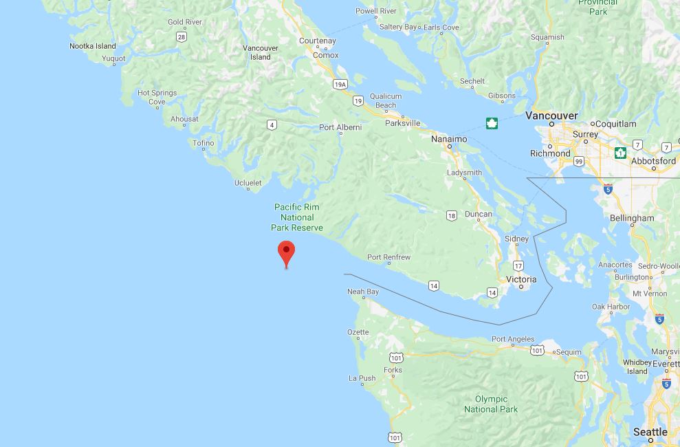 The approximate epicentre of a 4.4 magnitude earthquake that struck off the coast of Vancouver Island on Jan. 24, 2020.