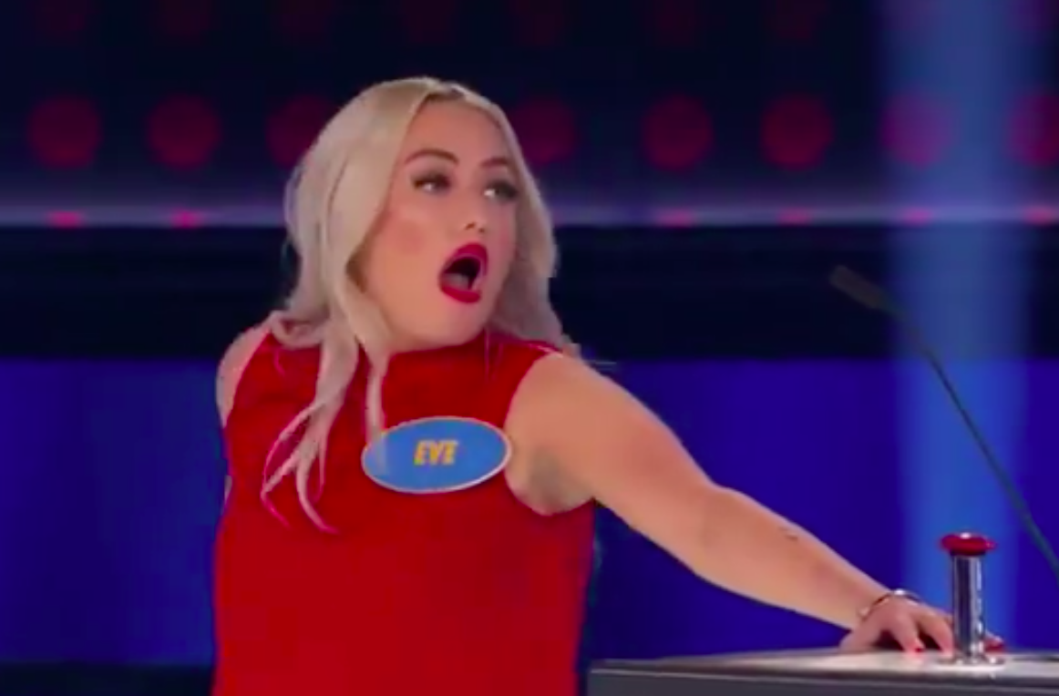 Eve Dubois of Lorette, Man., realizes her mistake on 'Family Feud.'.