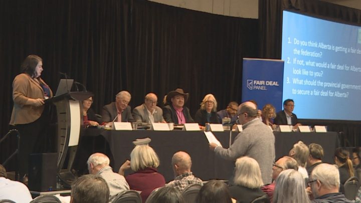 The "Fair Deal Panel" hears from an Albertan at a town hall session. 