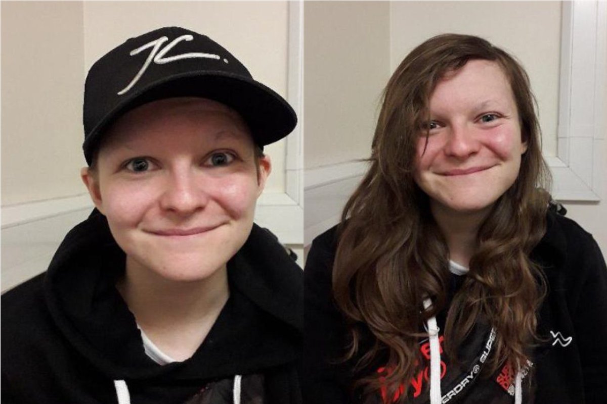 Gemma Watts, 21, is shown on the left as her alter ego, 'Jake Waton,' and as herself on the right.