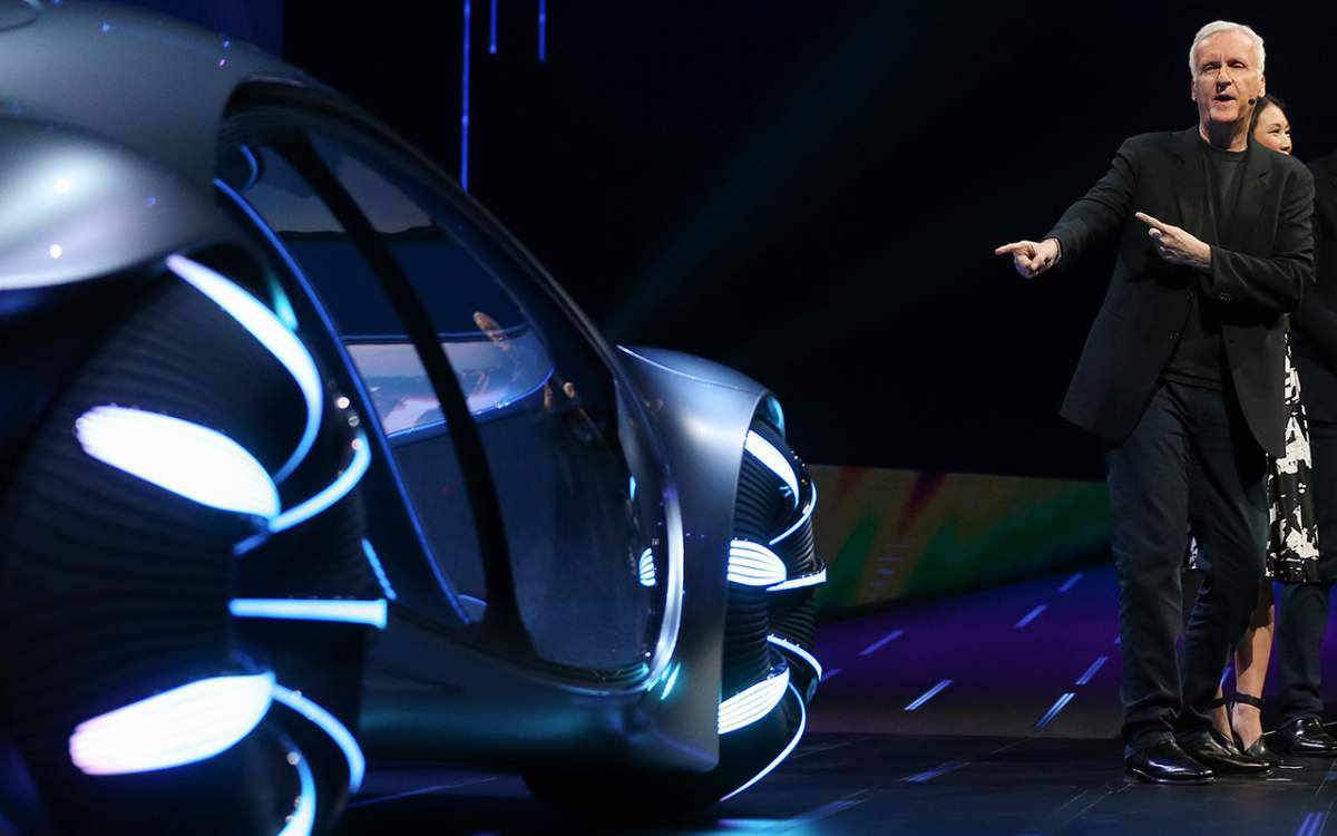 Director James Cameron (R), who directed 'Avatar', gestures towards the Mercedes-Benz Vision AVTR concept car, an 'Avatar'-themed vehicle, at a keynote address at CES 2020 at Park Theater at Park MGM on Jan. 6, 2020 in Las Vegas, Nev.