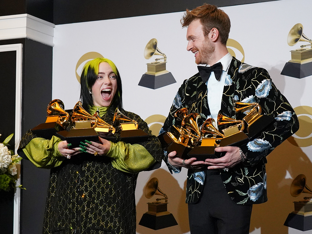 (L-R) Siblings Billie Eilish and Finneas O’Connell pose in the press room during the 62nd Annual Grammy Awards at the Staples Center on Jan. 26, 2020 in Los Angeles, Calif.