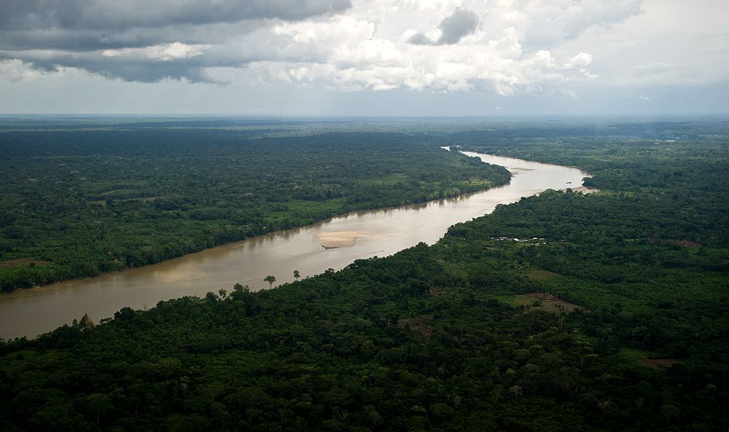 Aerial view of the San Miguel River in the department of Putumayo, Colombia, on the Colombia-Ecuador border, on Sept. 27, 2013.