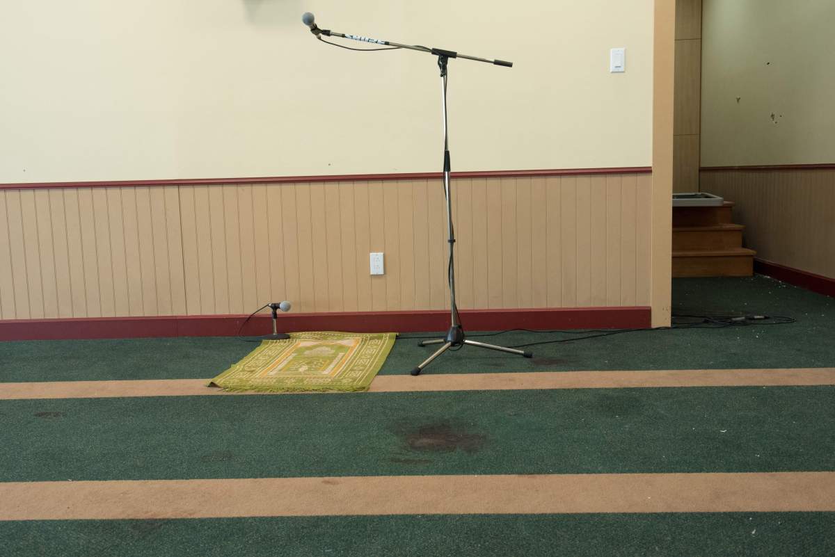 A view inside the prayer room Feb. 1, 2017 is seen where the attack at the Islamic Cultural Center in a busy district of Quebec City took place on Jan. 29 2017.