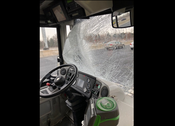 Photos provided by Metrolinx show extensive damage to the bus windshield.