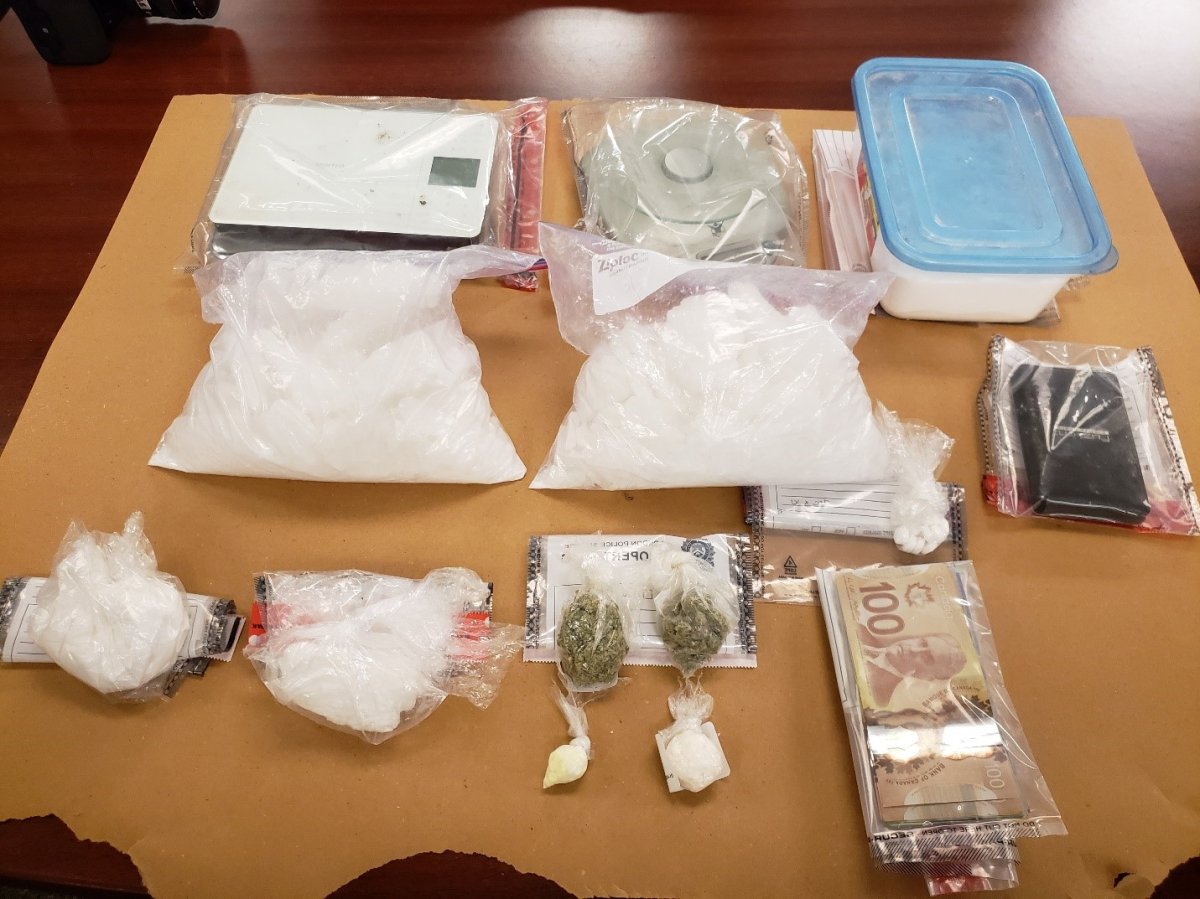 Police say they seized seven grams of hashish, 30 hydromorphone pills, 10 oxycodone pills, 10 dilaudid pills, and more.