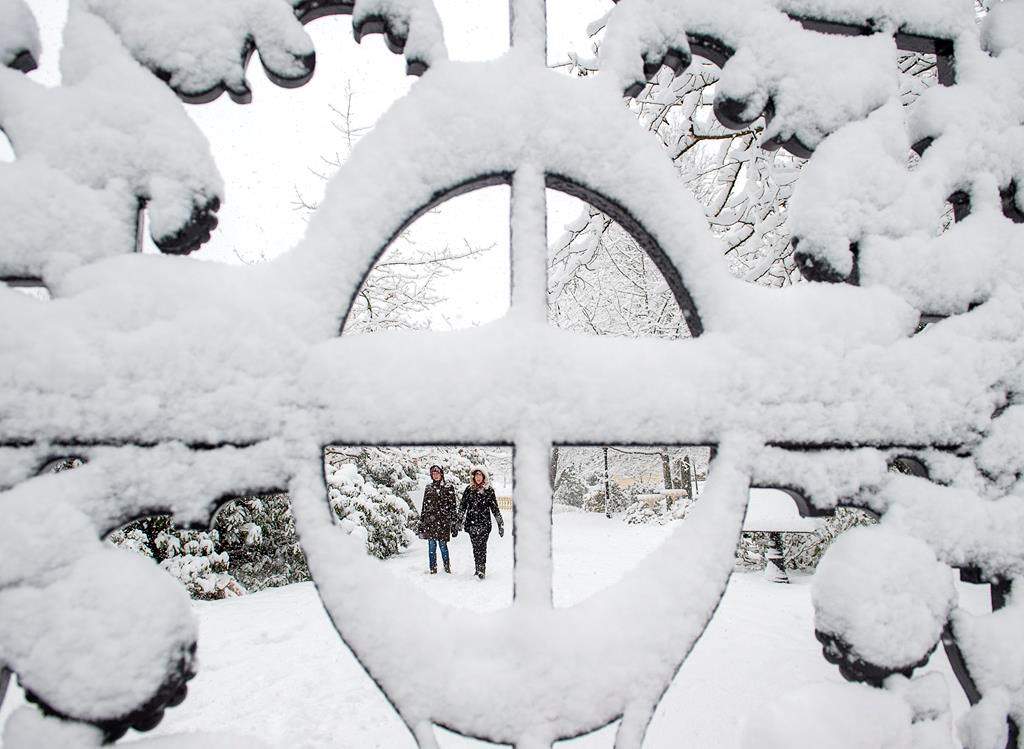 Two women stroll through the Public Gardens during a snow storm in Halifax on Wednesday, Jan. 8, 2020.