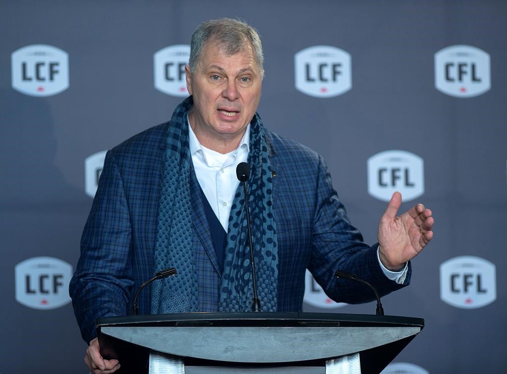 Randy Ambrosie, CFL commissioner, announces that the league will stage a regular-season game between the Toronto Argonauts and Saskatchewan Roughriders, at a news conference in Halifax on Thursday, Jan. 23, 2020.