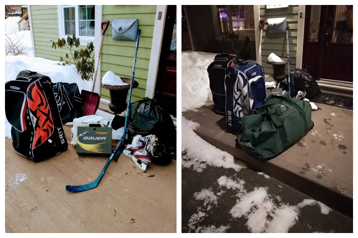 Donations of hockey gear are shown outside a home in St. John’s, N.L.