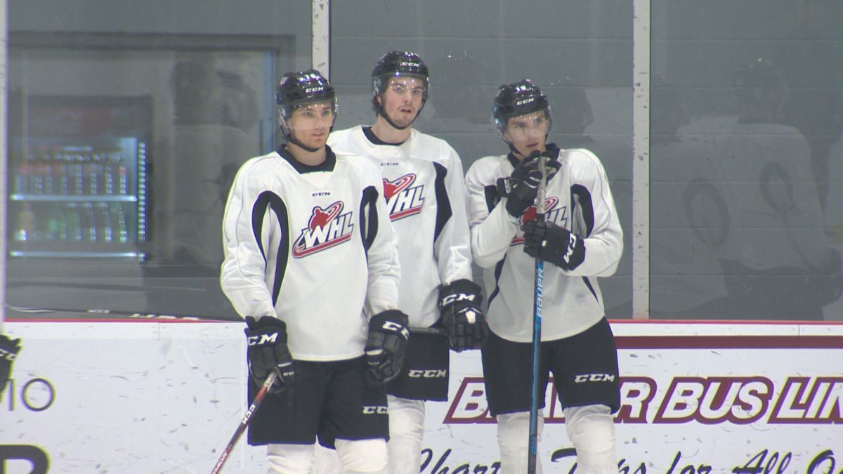 (L to R) Nino Kinder, Michael Teply and Peyton Krebs at Winnipeg Ice practice on January 9th, 2020.