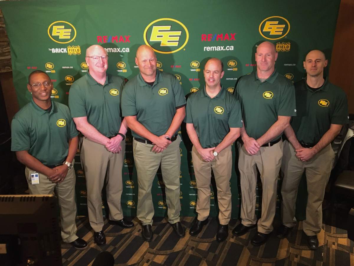 The Edmonton Eskimos new coaching staff was revealed on Wednesday. Left to right are: Winston October, John McDonell, Scott Milanovich, Noel Thorpe, A.J. Gaas and Derek Oswalt. Not pictured are Demetrious Maxie, Terry Eisler and Kelley Jeffrey.