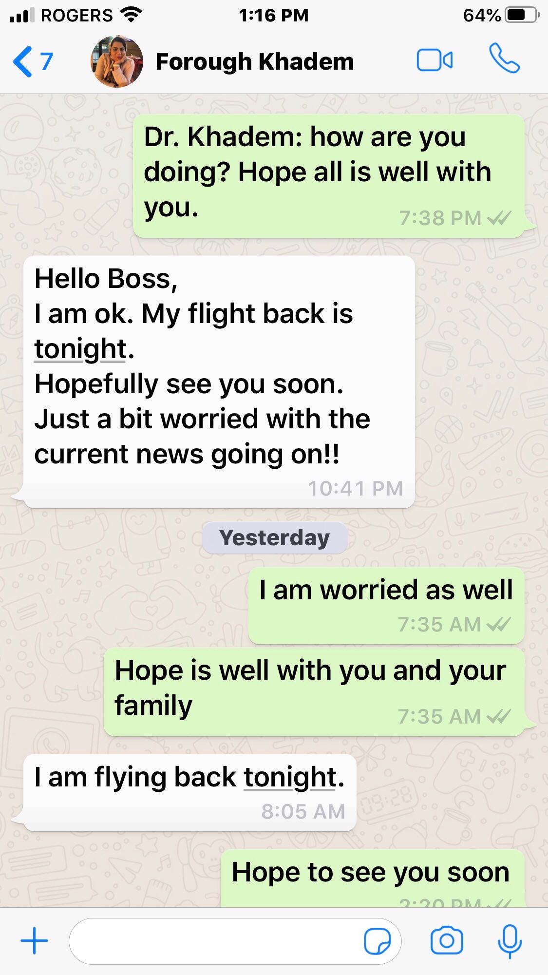 A text message exchange between Forough Khadem and her boss, Dr. Jude Uzonna.