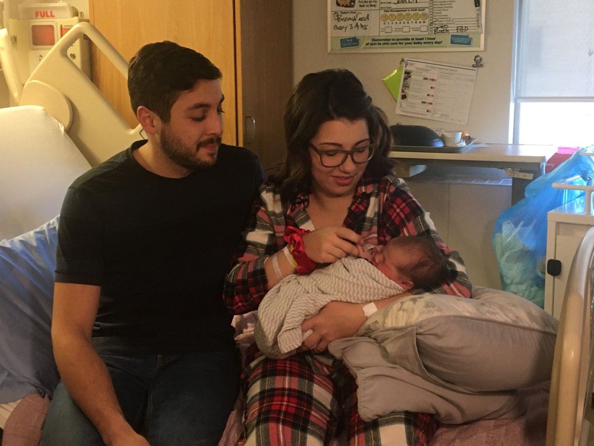 Jayden and Bailey Baker with their daughter Madylin Joanne Lesley Baker, the first baby born in 2020 in Edmonton.