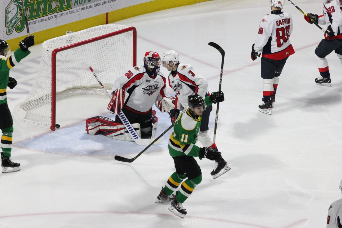 London, Ont. - Connor McMichael of the London Knights celebrates one of his three goals in a 7-4 London victory over Windsor on January 31, 2020.