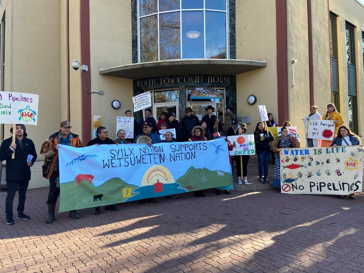The Penticton Indian Band protested on the steps of the Penticton law courts Monday morning in support of Indigenous hereditary chiefs who are opposing the construction of a natural gas pipeline in Northern B.C. 