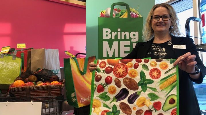 Store manager Pamela Kuffner shows off a 99 cent reusable bag option at the south Albert Street location in Regina.