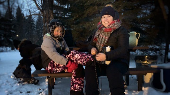 Visitors lace up before skating the loop at Echo Valley Provincial Park on Jan. 23, 2020.