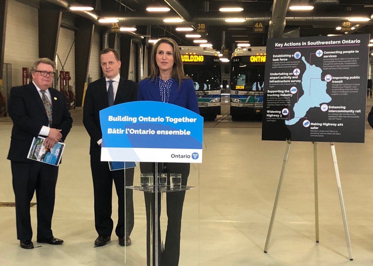 Minister of Transportation Caroline Mulroney announcing a transportation plan for southwestern Ontario. Left to right: Ed Holder, Jeff Yurek, Caroline Mulroney.