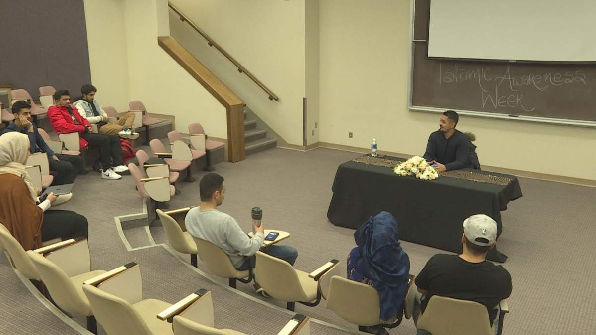 Students at Mount Royal University take part in a speaker series during United Islam Awareness Week on Monday, Jan. 20, 2020.