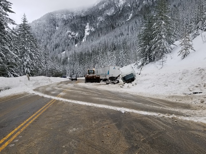Revelstoke RCMP say a tractor trailer was passing other vehicles when it jackknifed on Friday, blocking both east and westbound lanes.