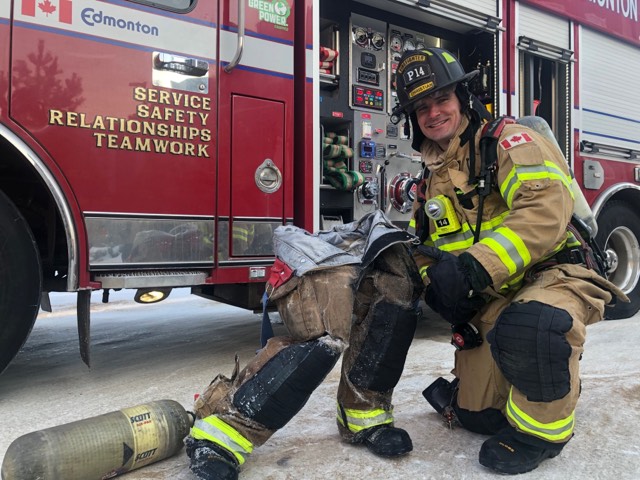 Edmonton firefighter Chris and his frozen pants after responding to a parkade vehicle fire. Jan. 15, 2020.