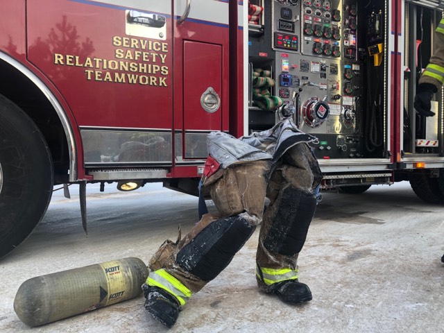 Edmonton firefighter Chris and his frozen pants after responding to a parkade vehicle fire. Jan. 15, 2020.