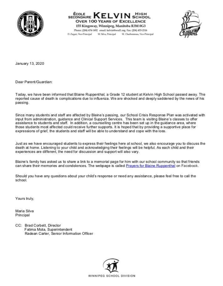 A letter from Kelvin High School about student Blaine Ruppenthal’s death.