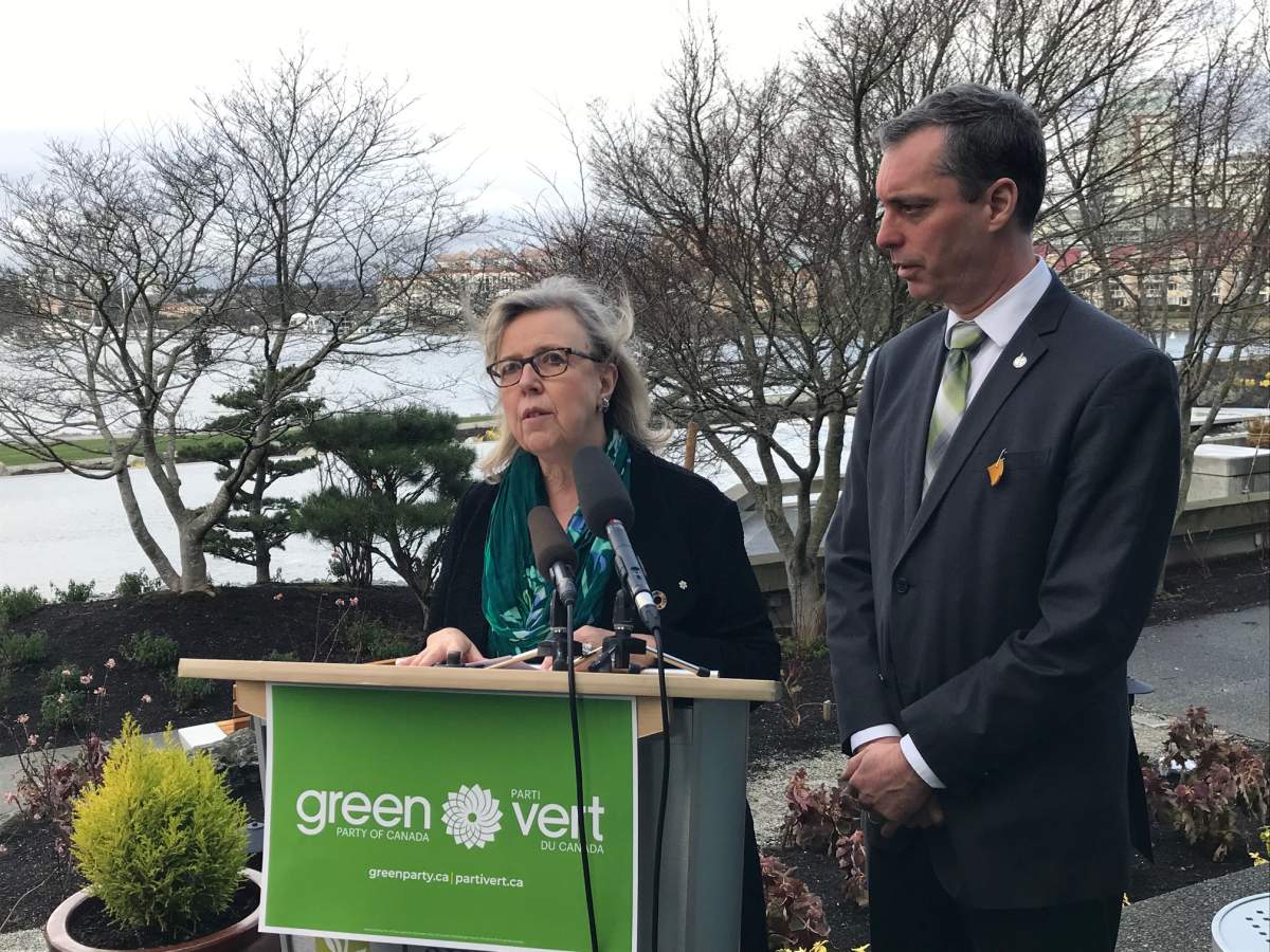 Green Party leader Elizabeth May and Nanaimo-Ladysmith MLA Paul Manly speak to reporters about Wet'suwet'en pipeline concerns. 
