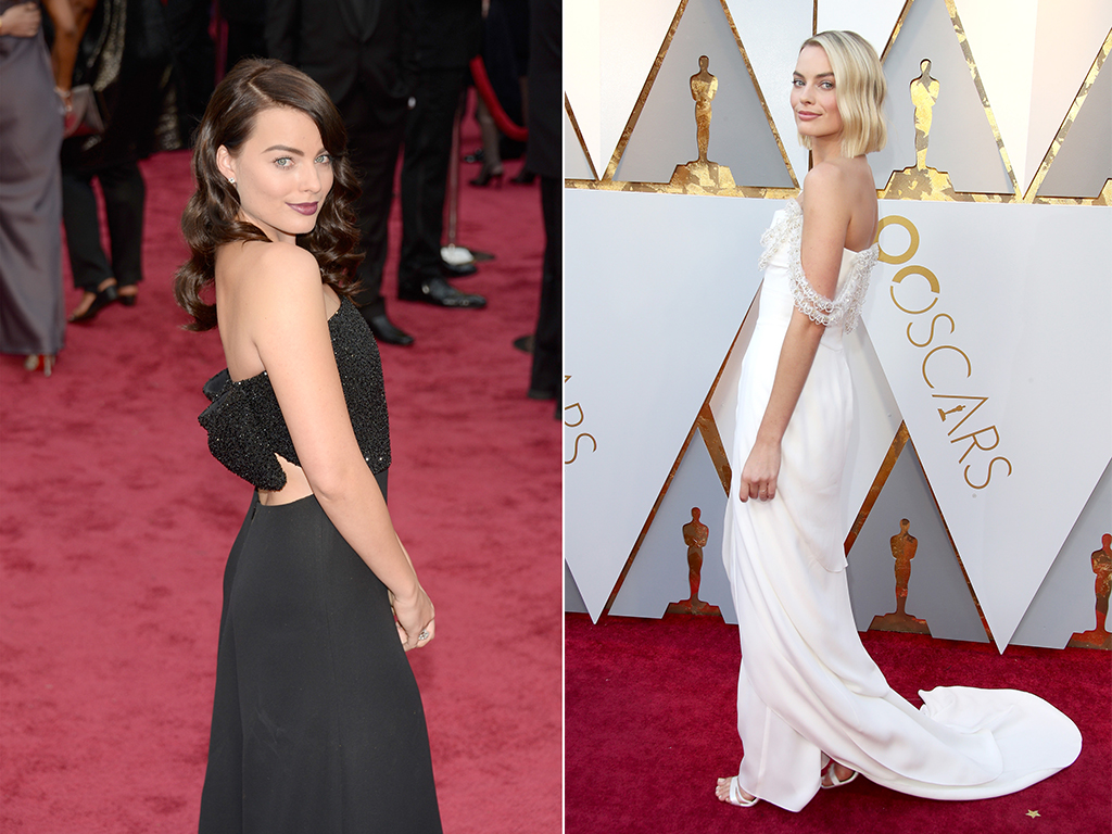 (L-R): Actress Margot Robbie attends the Oscars in March 2014 and the 90th Annual Academy Awards in March 2018 (Photo by Kevork Djansezian/Getty Images)