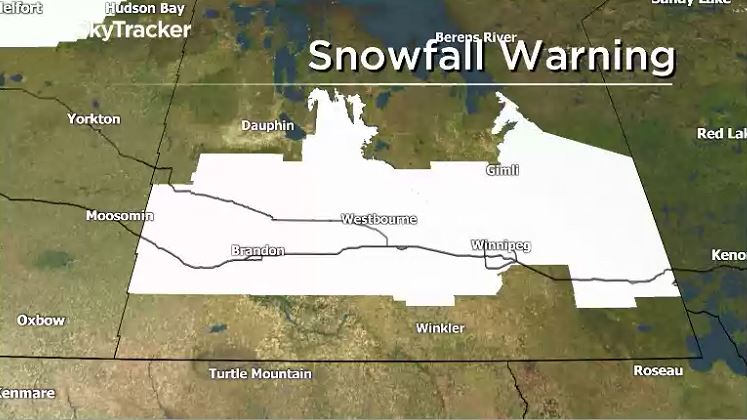 Snowfall warnings across southern Manitoba Jan 8, 2020.