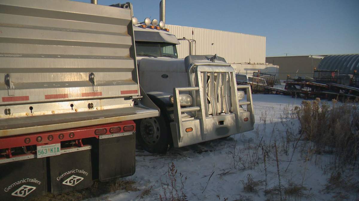 The front end of a semi that collided with a moose. Karsh says the initial damage estimate is around $50,000.