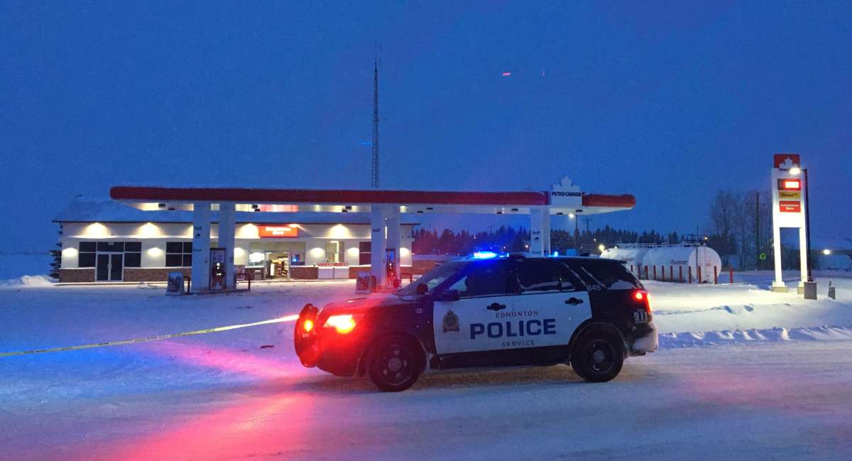 Police taped off a Petro Canada gas station on Highway 37 near Highway 28 in Namao, Alta. Monday, Jan. 13, 2020.